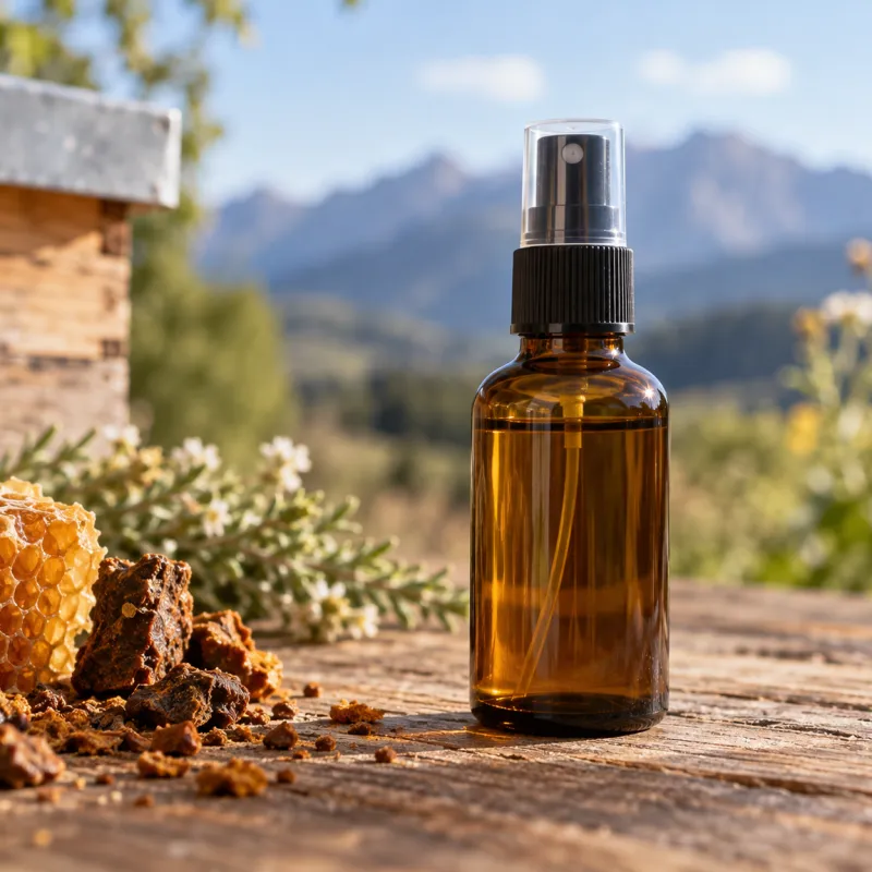 Petit flacon avec alcoolat de propolis paysage montagne en arrière plan